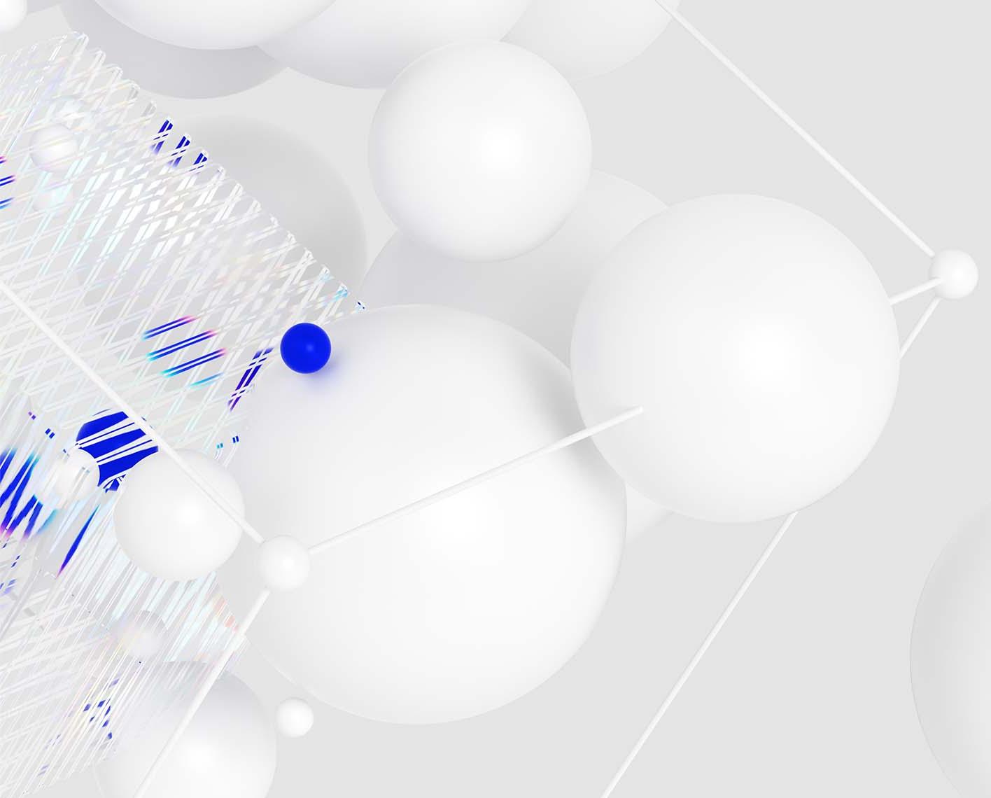 白色背景上的白色和蓝色球体的三维CGI图像