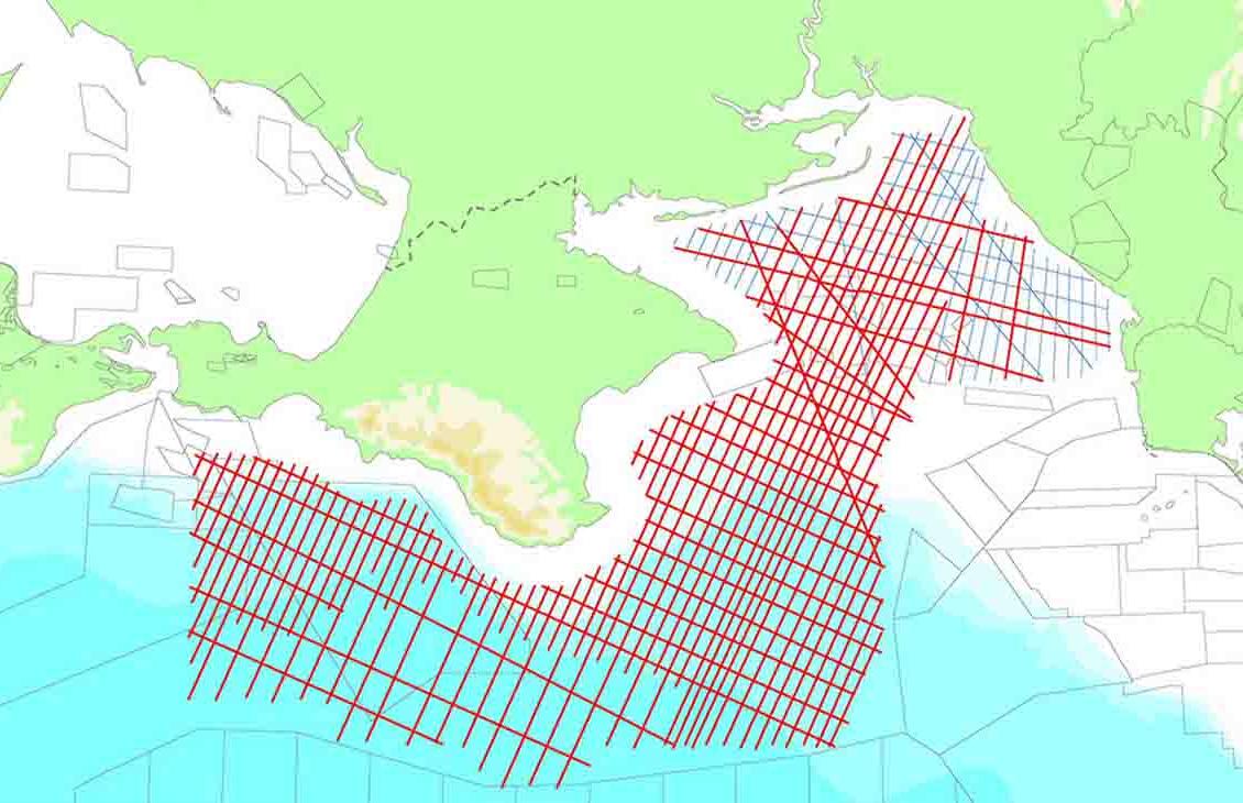地图显示乌克兰近海的调查，再处理的数据显示为红色.